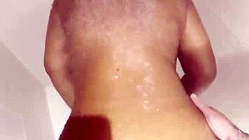 Ebony babe deepthroats monster cock in shower sloppy cum swallow