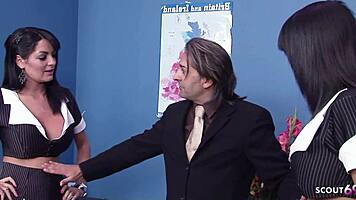 TWO BIG TITS OFFICE GIRLS Kit Lee And Kat Lee FUCK BOSS In FFM Threesome
