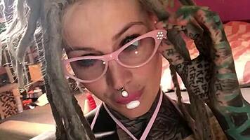 Oh fuck yes tattooed glasses babe rams dildo deep in creamy pussy!