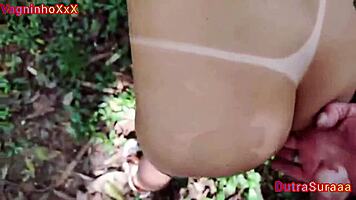 blonde's perfect bikini tan ass fucked in woods till mouthful cum with perky pierced nipples