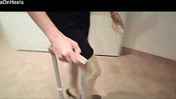 Milf struts hotel halls teasing in stockings heels