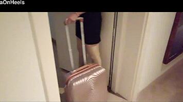 Milf struts hotel halls teasing in stockings heels