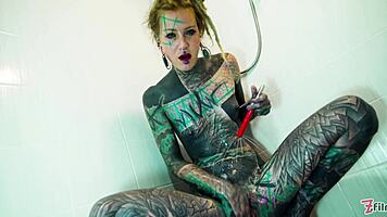 Tattooed Model Enjoys Intense Anal Dildo Masturbation In Shower