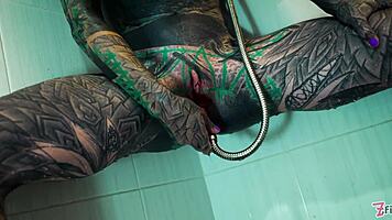 Tattooed Model Enjoys Intense Anal Dildo Masturbation In Shower