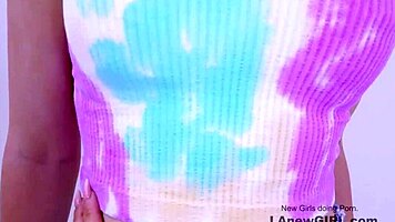 Teen licks pussy and gets fucked with strap on in studio