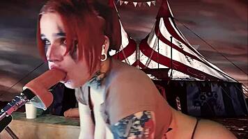 redhead cosplayer gives deep passionate throat blowjob