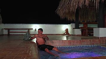 Milf enjoys pool sex with friend outdoors
