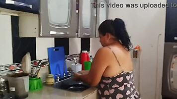 curvy latina shows big ass while cleaning