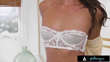 horny brunette invites peeking neighbor to join shower
