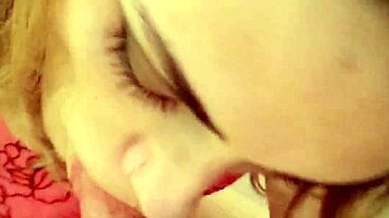 young latina gives sloppy red lipstick blowjob
