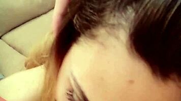 young latina gives sloppy red lipstick blowjob