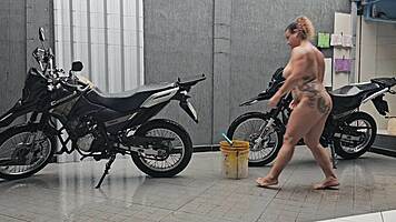 Married woman works naked at car wash