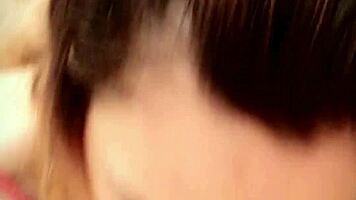 young latina gives sloppy red lipstick blowjob