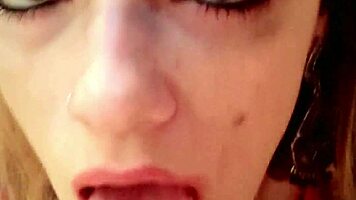 young latina gives sloppy red lipstick blowjob
