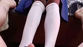 hot petite 18+ student in school uniform gave teacher a footjob in her sexy student shoes