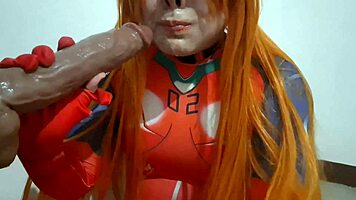 Pretty transsexual asuka gags hard on dildo and swallows cum!