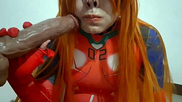 Pretty transsexual asuka gags hard on dildo and swallows cum!
