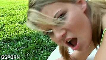 Sexy blonde gets fucked in garden