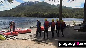 four skinny beauties show their huge boobs by the river