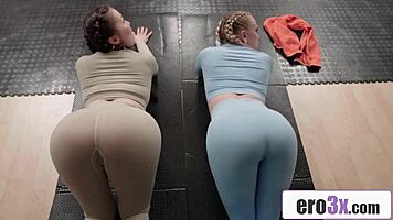 Gym stud fucks sweat off two yoga hotties in sauna