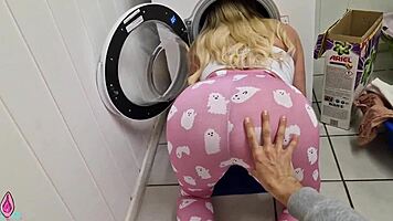 Blonde in tight leggings fun