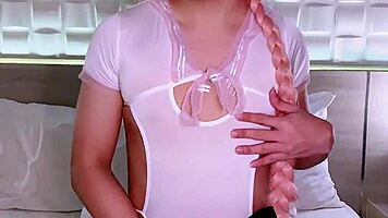 cute astolfo femboy plays with glass dildo and cums
