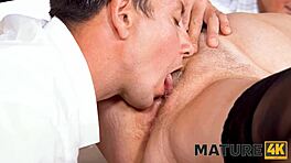 mature lady seduces waiter as husband watches quietly