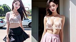 Sexy asijská roztleskávačka dráždí průhledným hadrem venku