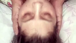 Young girl has sex with a man and while climaxing she chokes and get a facefull of cum