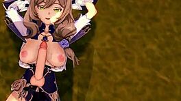 Genshin Lisa får blowjob og titjob cumshot