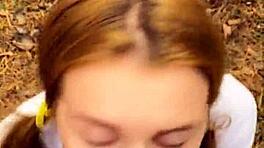 Horny teen 18+ gives public blowjob with cum play POV