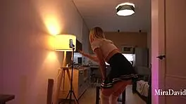 Miradavid, the blonde teen 18+ hottie, gets ridden cowgirl style on the sofa before doggystyle creampie