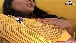 foot fetish action with skinny latina in fishnets, black hair rocks!