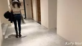 Four women and one man and mature European couple get interviewed and boned in a public restroom