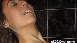 amazing hairy teen with small tits gets bathroom blowjob