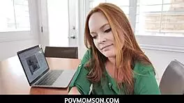 Busty Redhead MILF Stepmom Deepthroats Huge Cock Nude