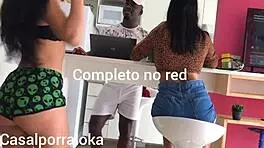 Wife Sucks Husband In Kitchen While Friend Distracts Him With Oral And Masturbation