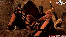 Lesbian anal threesome featuring glass dildos and skinny petite sluts