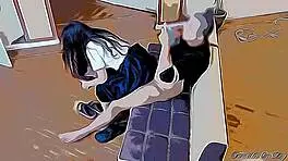 Asian girl in her early twenties enjoys the pleasure inserts cartoon penis into her orifice
