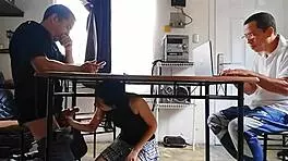 Cuckold calculates while wife drains contractor under table