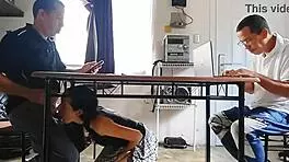 Cuckold calculates while wife drains contractor under table