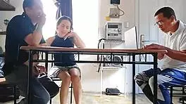 Cuckold calculates while wife drains contractor under table