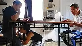 Cuckold calculates while wife drains contractor under table