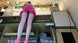 Slim teen sex appeal brunette climaxes at work while playing with employees
