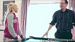 Blonde teen in need of money provides stepdad with sex