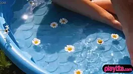 Beautiful blonde babe outdoor strip at the alps.