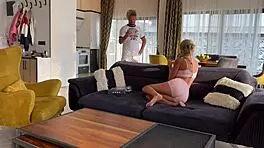 Young beautiful blonde in underwear uses new toys and a giant cock
