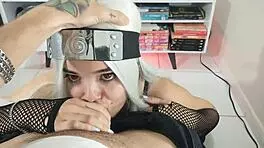 White moon performs deepthroat blowjob in sharingan cosplay from naruto.