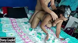 Tattooed teen receives her ass teased and pounded by a couple