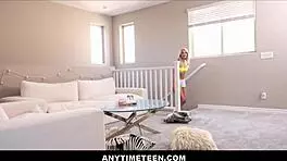 Naughty blonde teen with cute face gets her unexpected fuck by a big black cock while cleaning